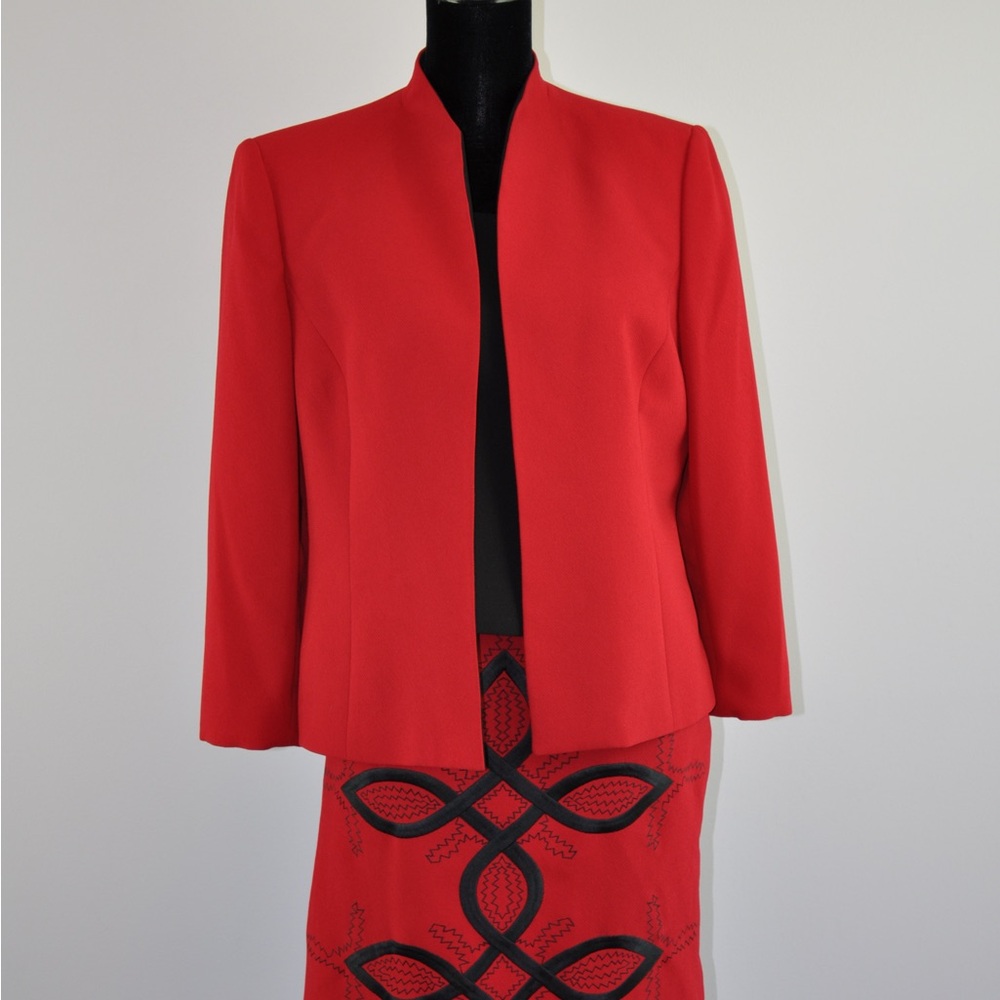 Vintage Le Suit 3 Piece Lined Pencil Skirt Shell Blazer Size 14P Red & Blk 90s